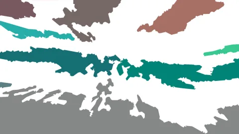Abstrakte Komposition aus unregelmäßigen, gezackten Flächen in Petrol, Türkis, Grün, Rostbraun und Grau auf weißem Grund.