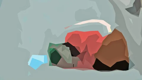 Low-Poly-Komposition mit einem roten und einem braunen Formkörper, dunkelgrünen und schwarzen Flächen, einem hellblauen Kristall und einem cremefarbenen Bogen auf grau-grünem Hintergrund.