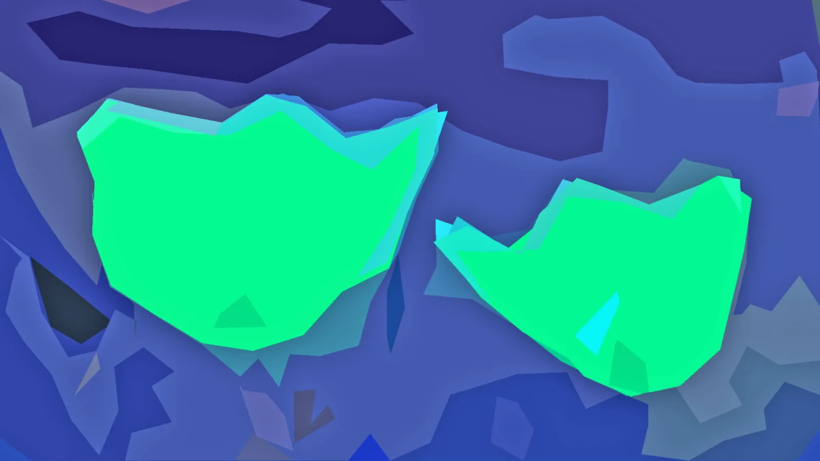 Abstrakte Komposition aus blauen Polygonflächen mit zwei leuchtend grünen, unregelmäßigen Formen in der Bildmitte und rechts.