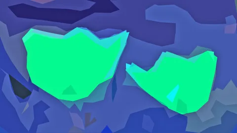 Abstrakte Komposition aus blauen Polygonflächen mit zwei leuchtend grünen, unregelmäßigen Formen in der Bildmitte und rechts.