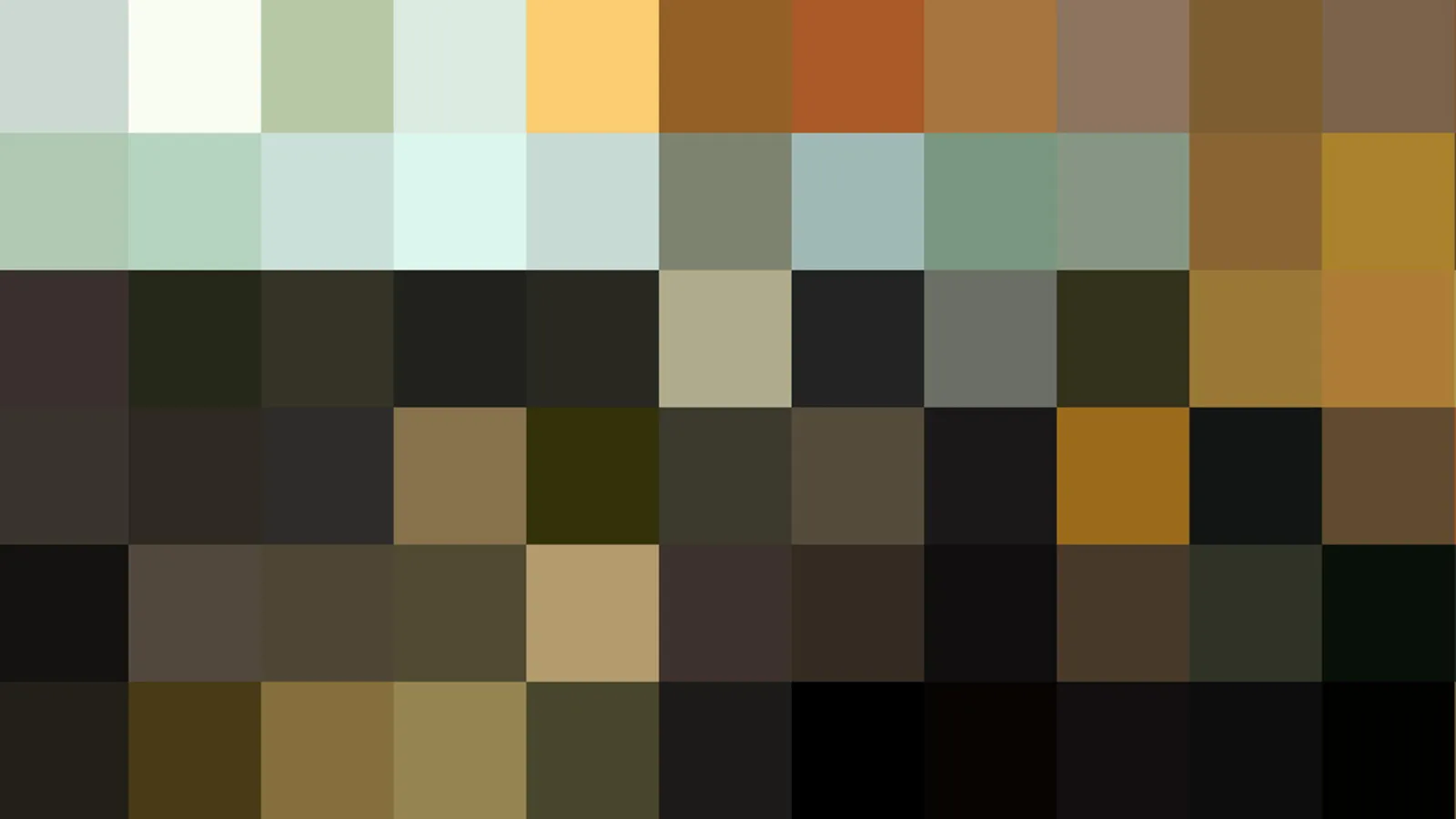 Raster aus quadratischen Farbfeldern in hellen und dunklen Erdtönen, von Pastellgrün bis fast Schwarz.