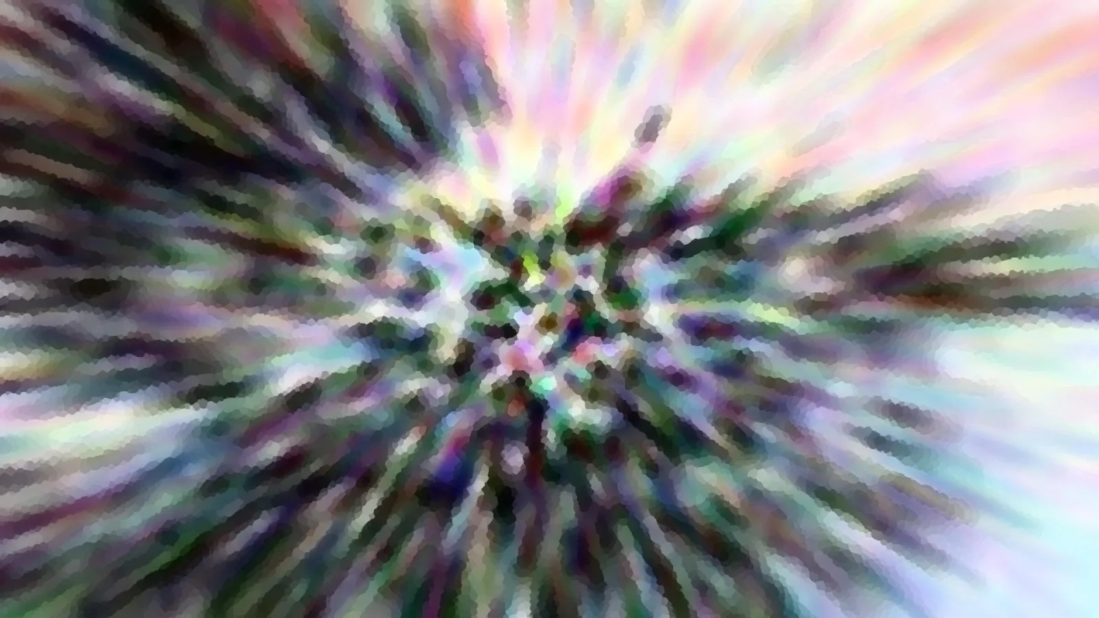 Abstraktes Bild mit einem radialen Zoomeffekt: helle Pastellfarben in Rosa, Gelb und Grün strahlen von einem dunklen, pixeligen Zentrum nach außen.