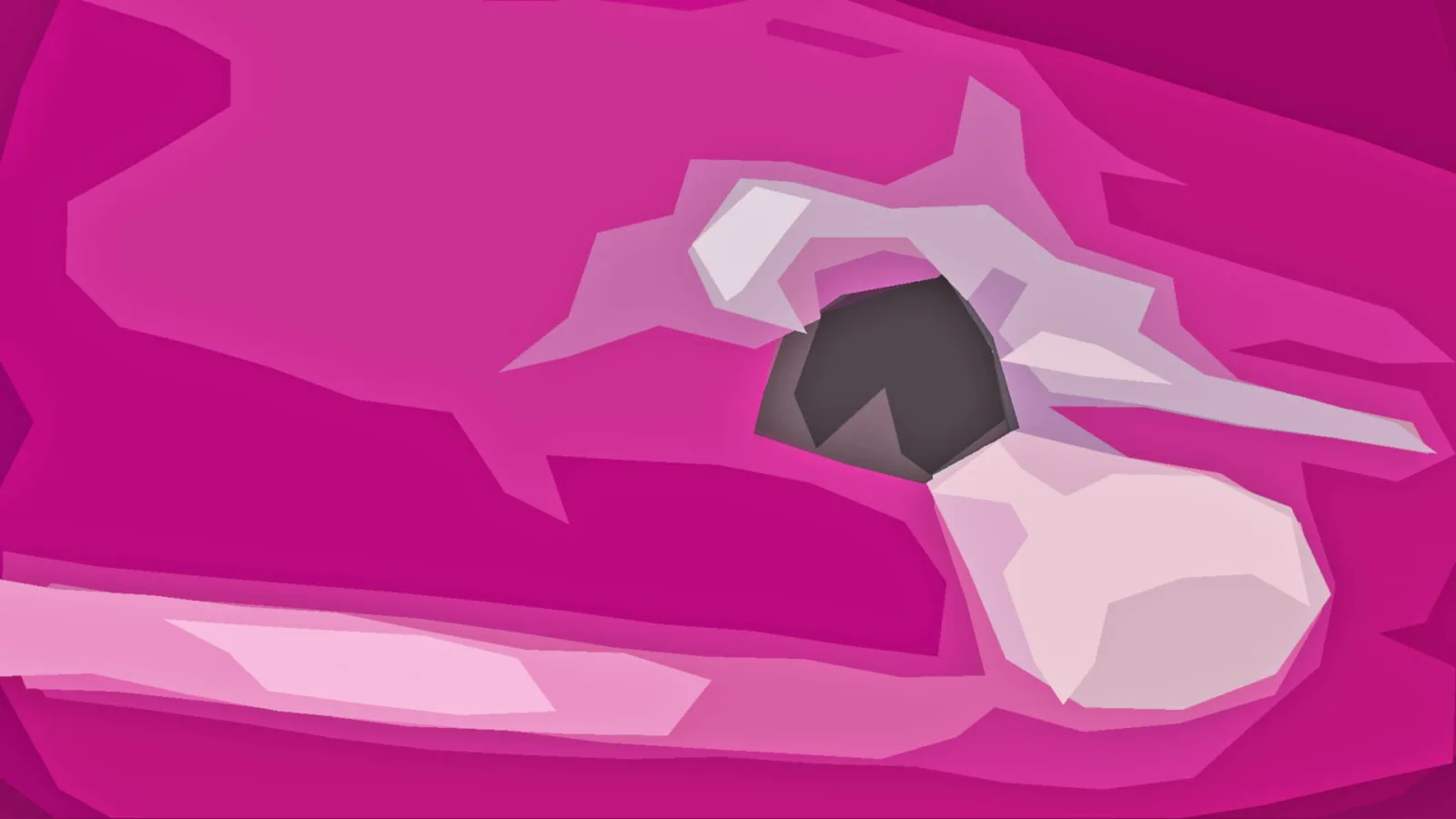Abstrakte Komposition aus großen, kantigen Flächen in Magenta, Rosa und Weiß, mit einem dunkelgrauen Kreisform im Zentrum rechts der Mitte.