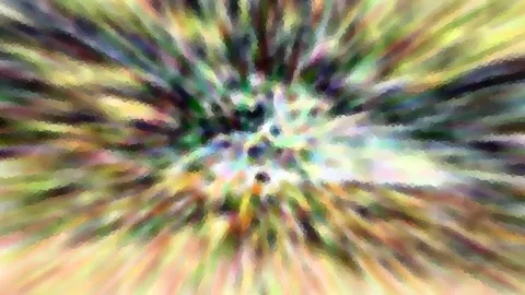 Abstrakte Komposition aus farbigen, radial von einem hellen Zentrum ausstrahlenden Schlieren in Grün, Gelb, Rosa und Dunkelblau, mit mosaikartiger Körnung.