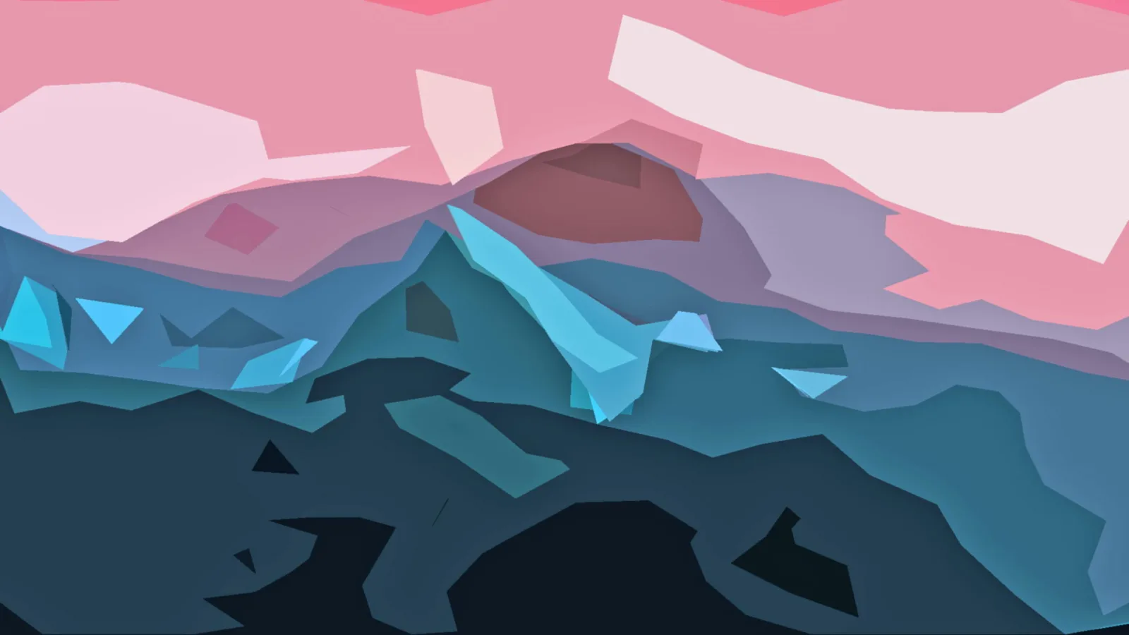 Abstrakte Berglandschaft mit rosa Himmel und petrolfarbenen Bergkämmen aus flachen, kantigen Facetten.
