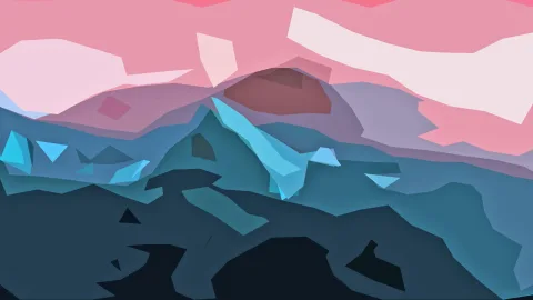 Abstrakte Berglandschaft mit rosa Himmel und petrolfarbenen Bergkämmen aus flachen, kantigen Facetten.