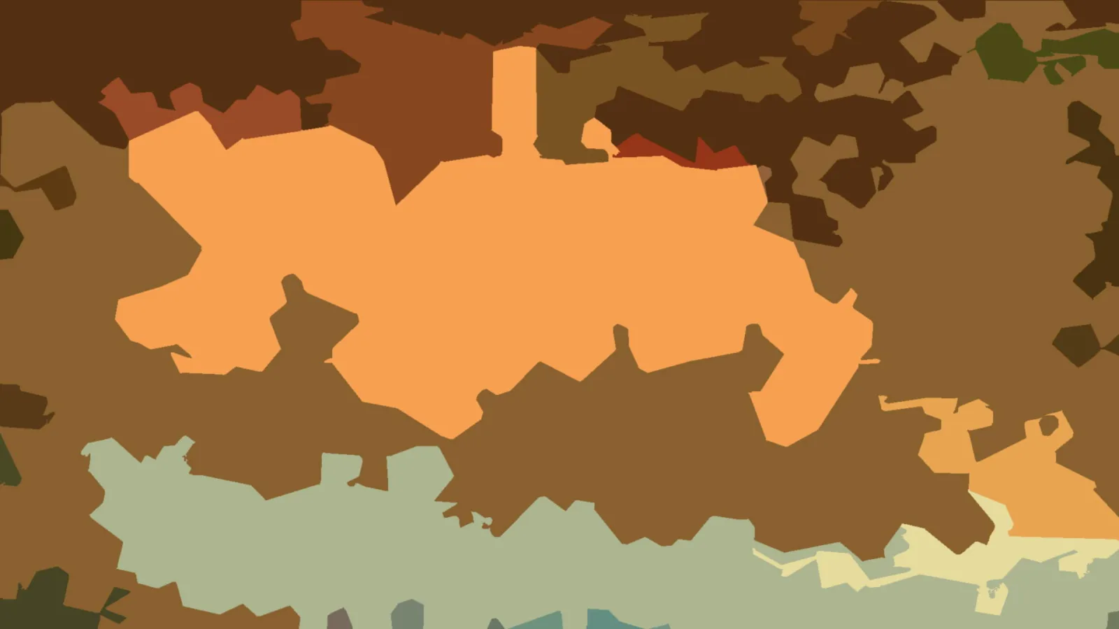 Abstraktes Muster aus organischen orangefarbenen Formen, umgeben von Brauntönen, am unteren Rand grünlich-graue und cremefarbene Flächen.