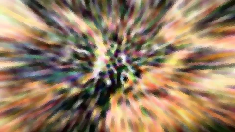 Abstrakte, radial verlaufende Farbstreifen mit grobem Pixelraster, im Zentrum heller und dunkler verwischt.