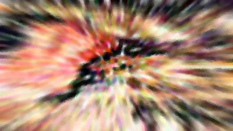 Abstraktes Bild mit bunten, radial von einem dunklen Zentrum nach außen strahlenden Streifen in Rot, Gelb, Grün und Violett.