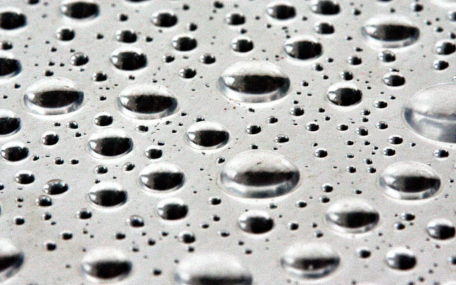 Viele Wassertropfen unterschiedlicher Größe auf einer glatten, grauen Oberfläche mit hellen Spiegelungen.