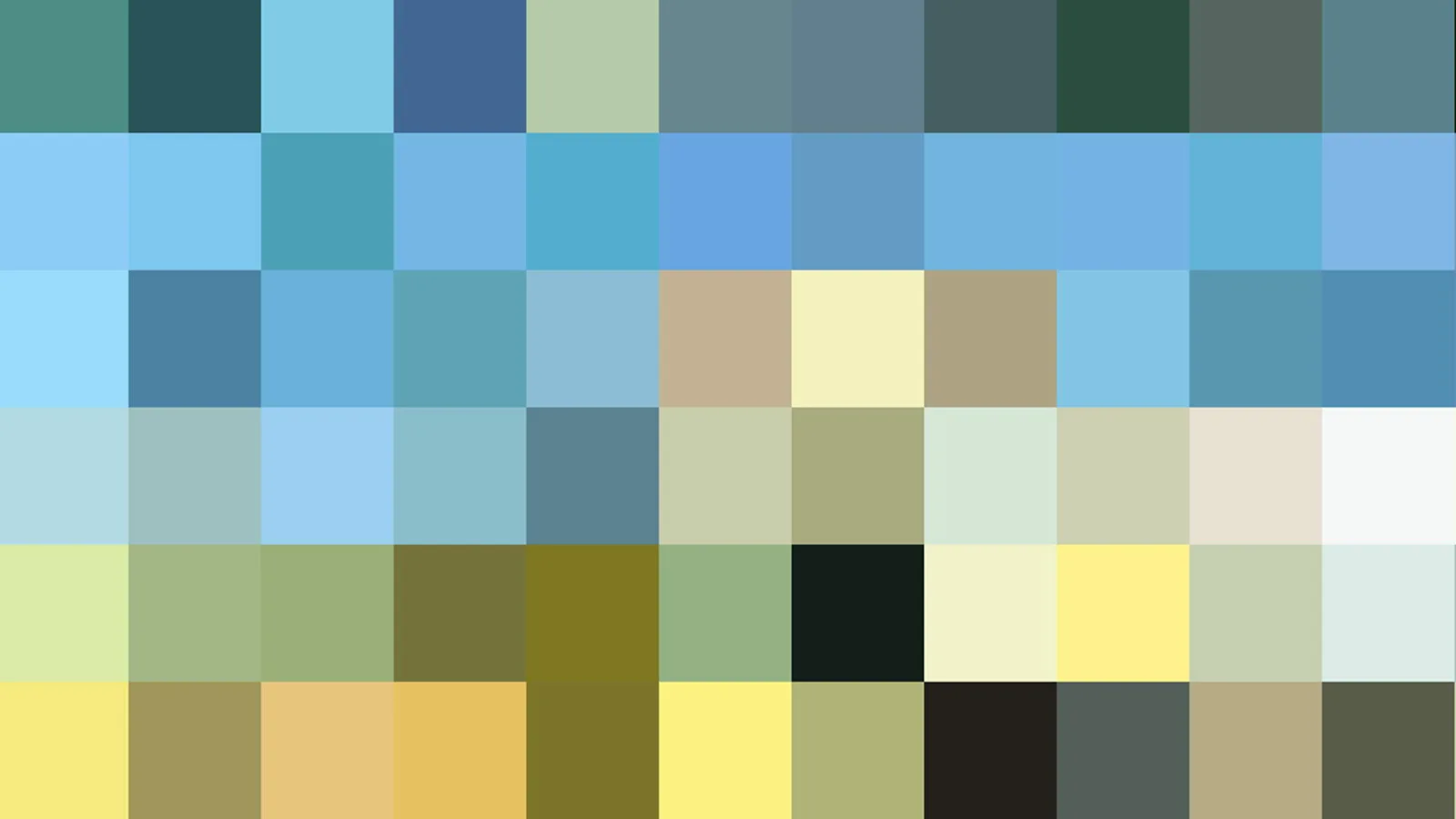Mosaik aus quadratischen Farbfeldern in Blau, Grün, Gelb und Grau