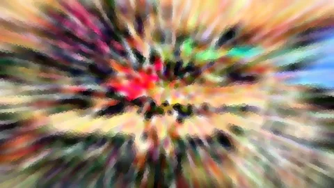 Abstrakte Komposition aus radial von einem Zentrum ausstrahlenden, bunten Schlieren in Rot, Grün, Gelb und Blau, im Zentrum ein leuchtend roter Fleck.