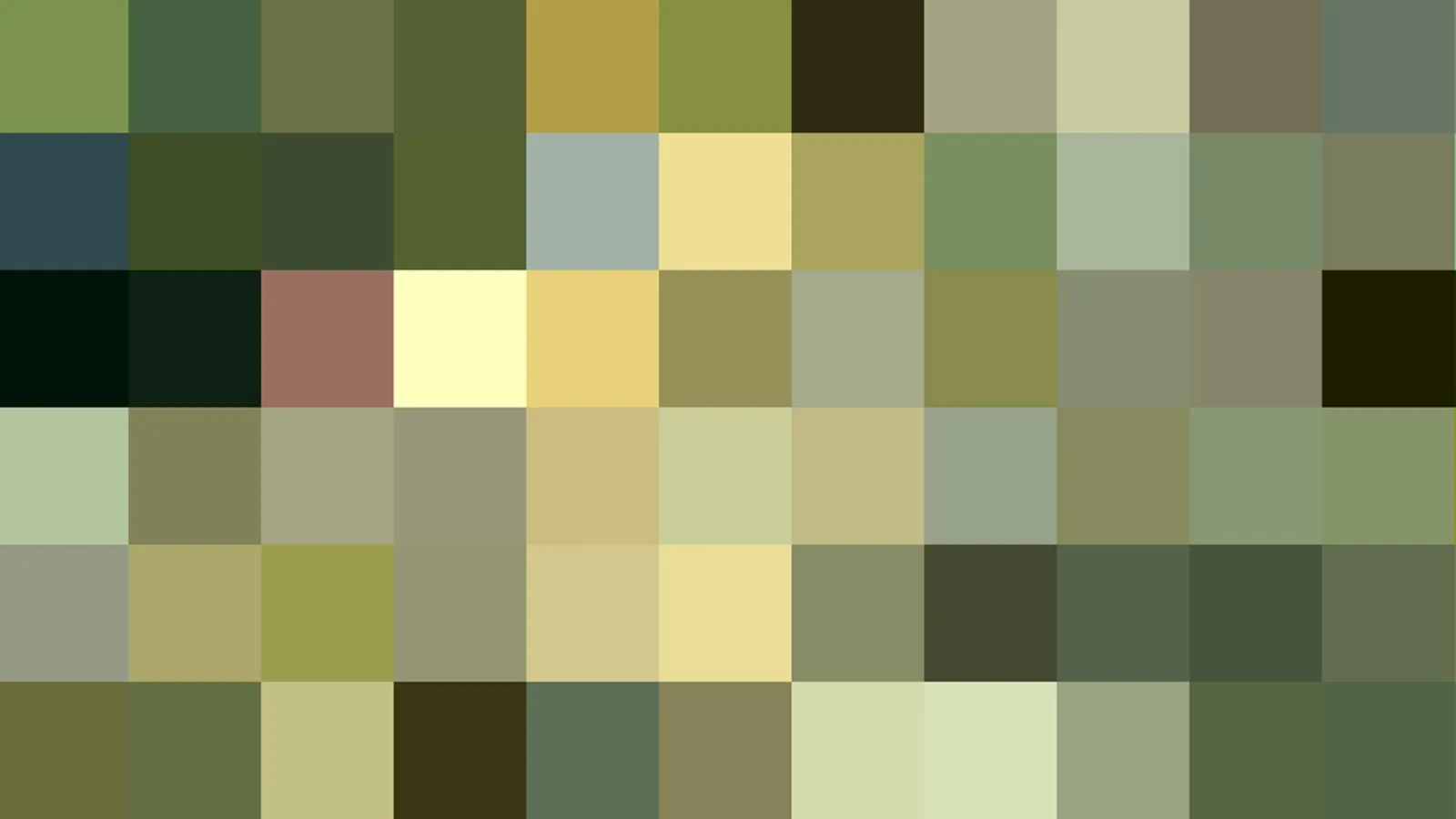 Abstraktes Mosaik aus quadratischen Farbfeldern in Grün-, Oliv- und Gelbtönen.