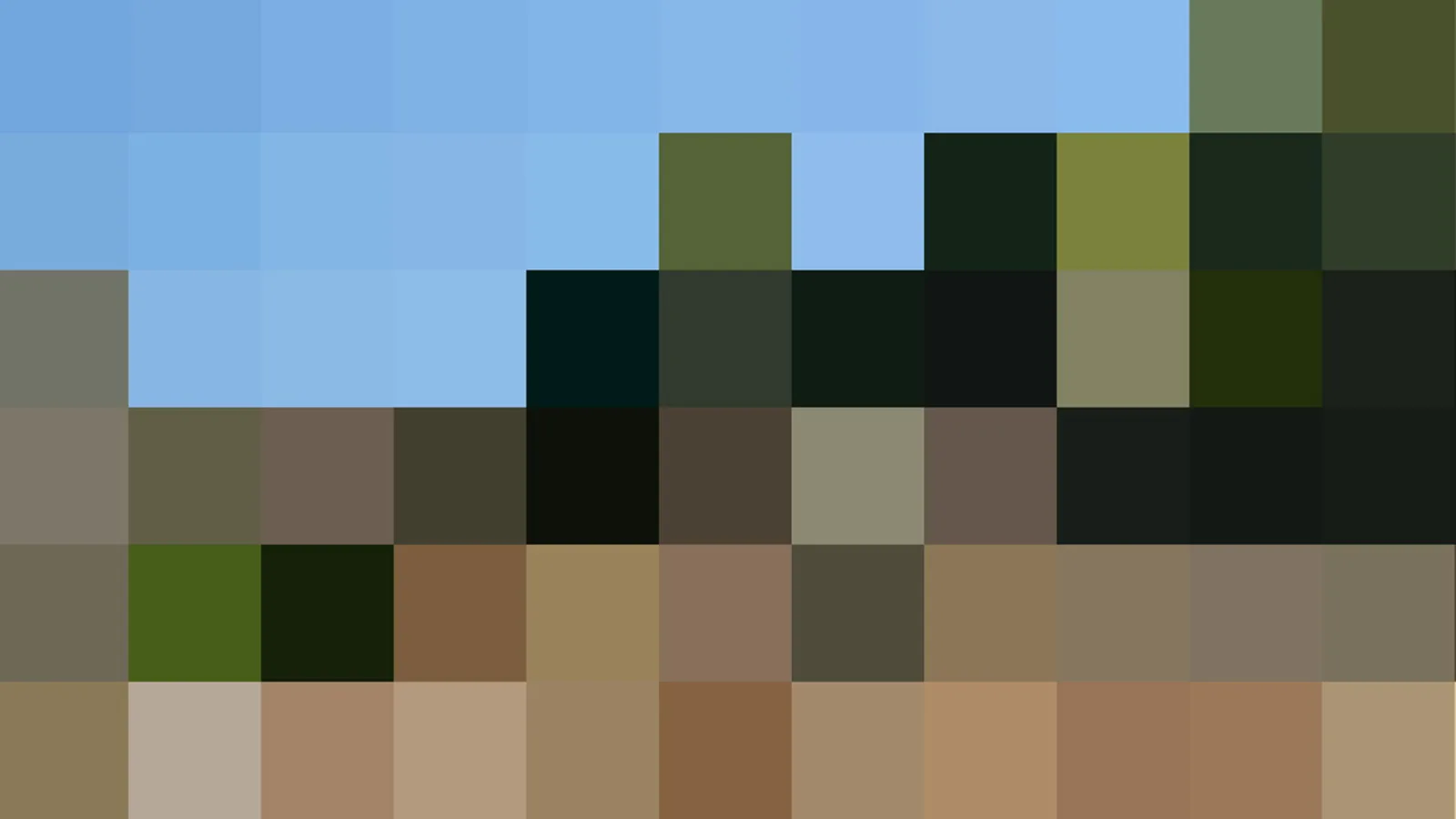 Pixelmosaik aus kleinen farbigen Quadraten: oben helles Blau wie ein Himmel, darunter dunkles Grün und Schwarz, unten braune und beige Töne.