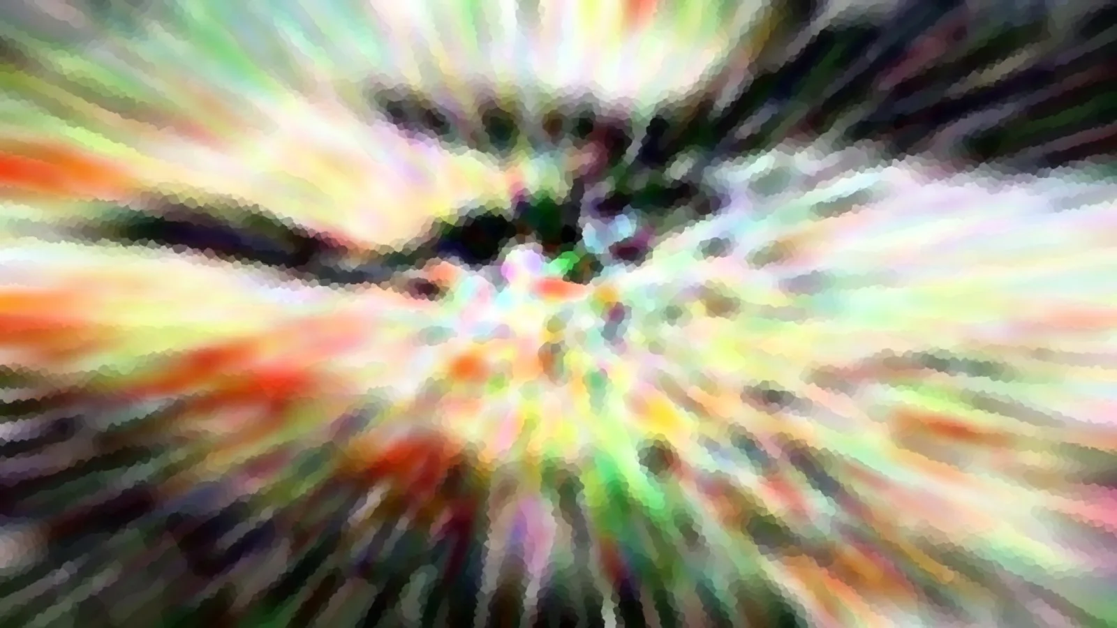 Abstrakte radiale Unschärfe mit grünen, orangen und weißen Farbstreifen, die von einer dunklen Mitte nach außen strahlen.