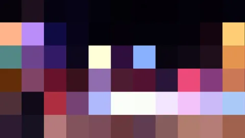 Rasterartiges Mosaik aus rechteckigen Farbfeldern in Dunkelblau, Violett, Rosa, Orange, Türkis und Weiß, oben dunkel und ruhig.