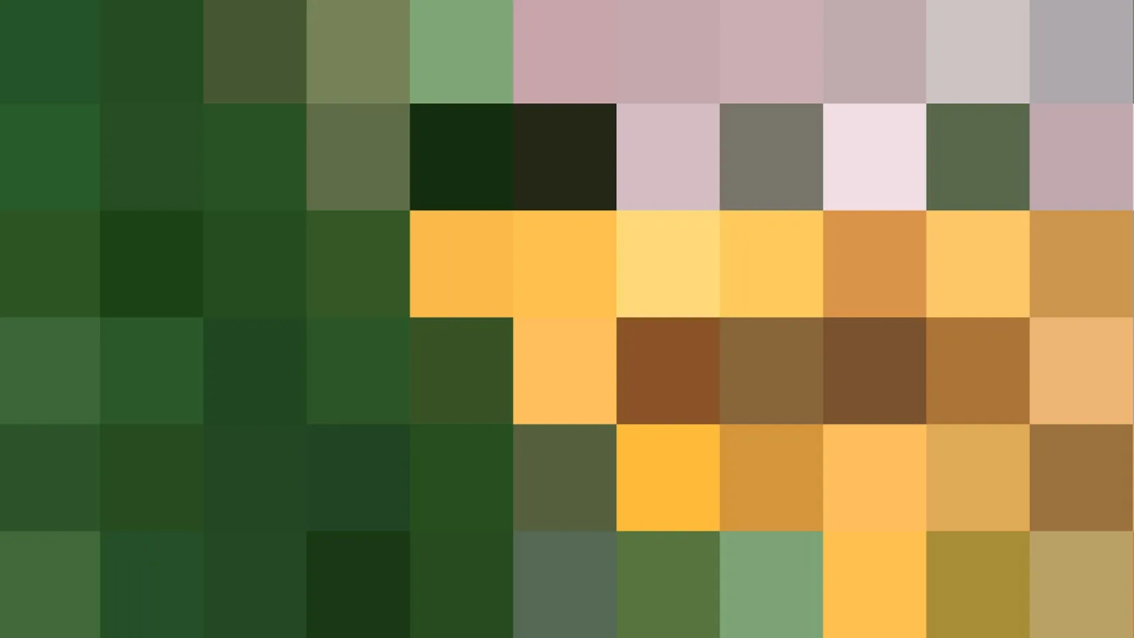 Abstraktes Mosaik aus quadratischen Farbfeldern in Grüntönen, Gelb, Ocker, Braun und Rosa, in einem Raster angeordnet.