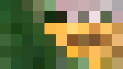 Abstraktes Mosaik aus quadratischen Farbfeldern in Grüntönen, Gelb, Ocker, Braun und Rosa, in einem Raster angeordnet.