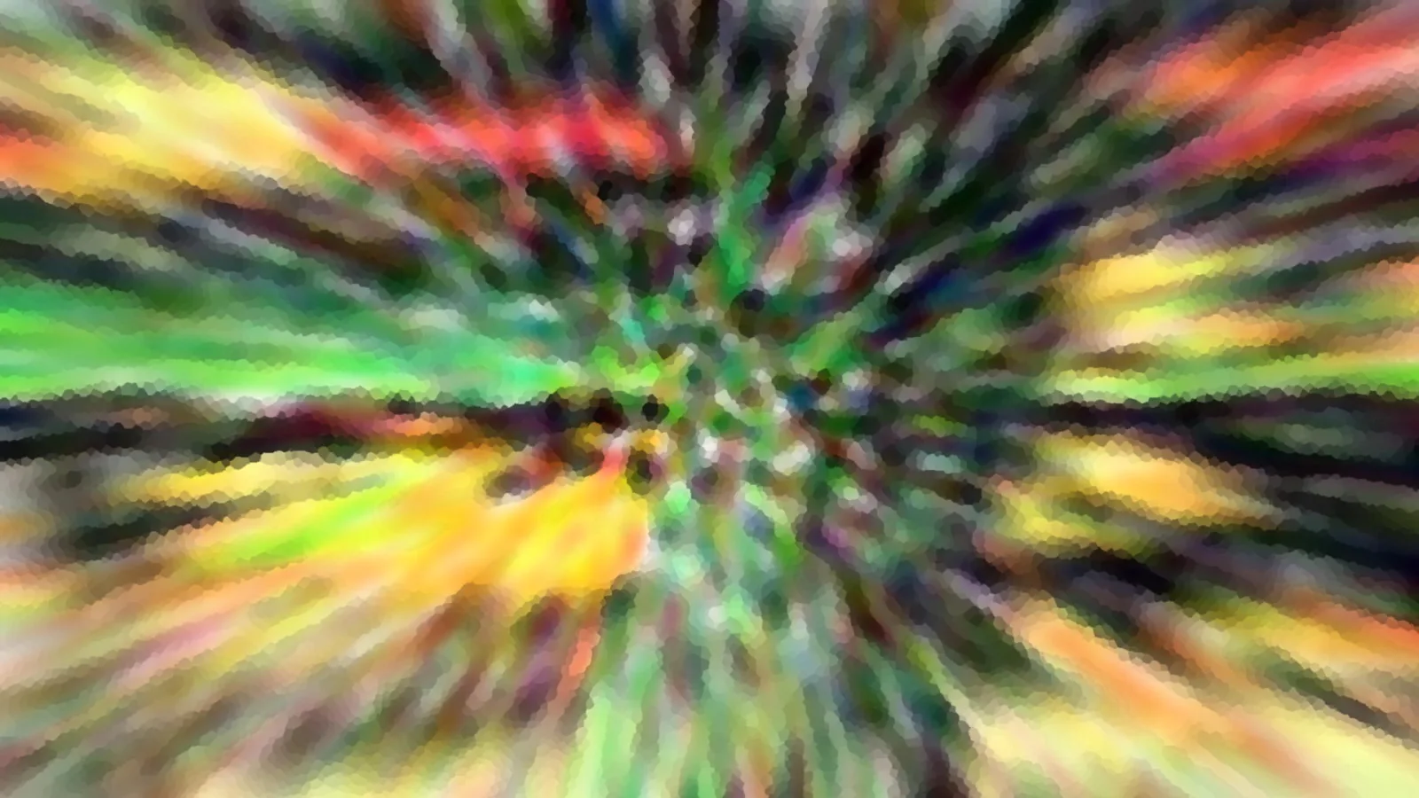 Abstraktes Bild aus radial nach außen laufenden Streifen in Grün, Gelb, Rot und Dunkelblau, im Zentrum wirbelt es, zum Rand hin wird es unscharf und blockartig gerastert.