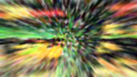 Abstraktes Bild aus radial nach außen laufenden Streifen in Grün, Gelb, Rot und Dunkelblau, im Zentrum wirbelt es, zum Rand hin wird es unscharf und blockartig gerastert.