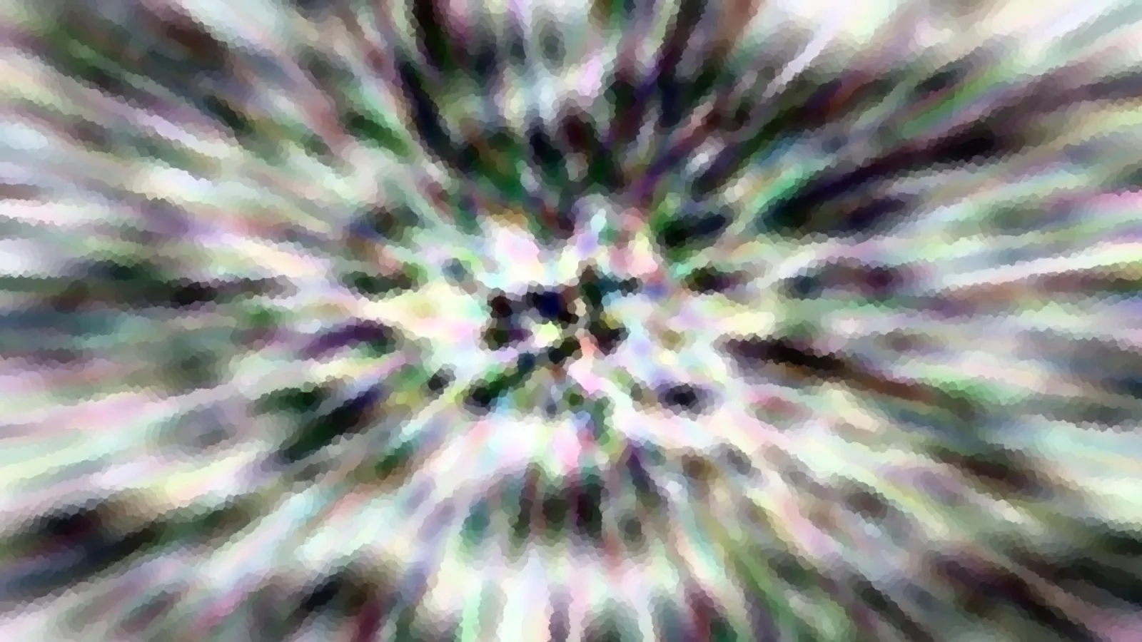 Abstrakte Komposition aus bunten, radial verwischten Streifen in Grün, Violett und Weiß, um ein dunkles Zentrum herum.