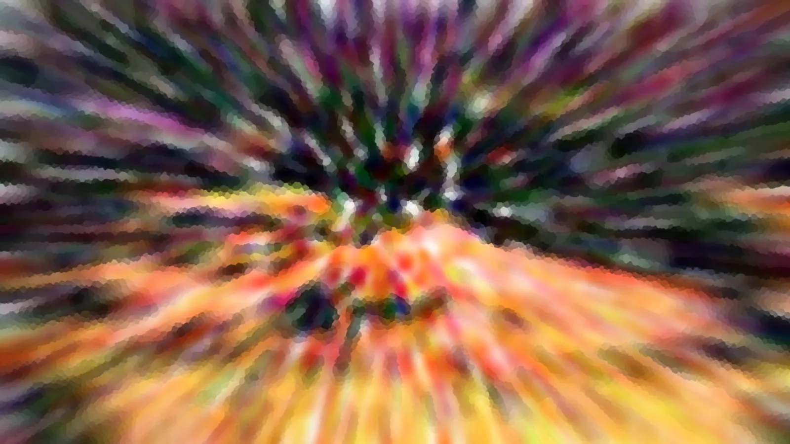 Abstrakte Komposition mit radialem Zoomeffekt in Orange, Gelb, Violett und Grün, das Zentrum ist dunkel.
