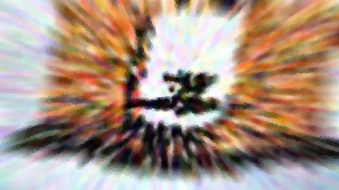 Abstrakte Komposition mit radialer Unschärfe in Orange, Grün und Violett, im Zentrum eine dunkle, verwischte Form