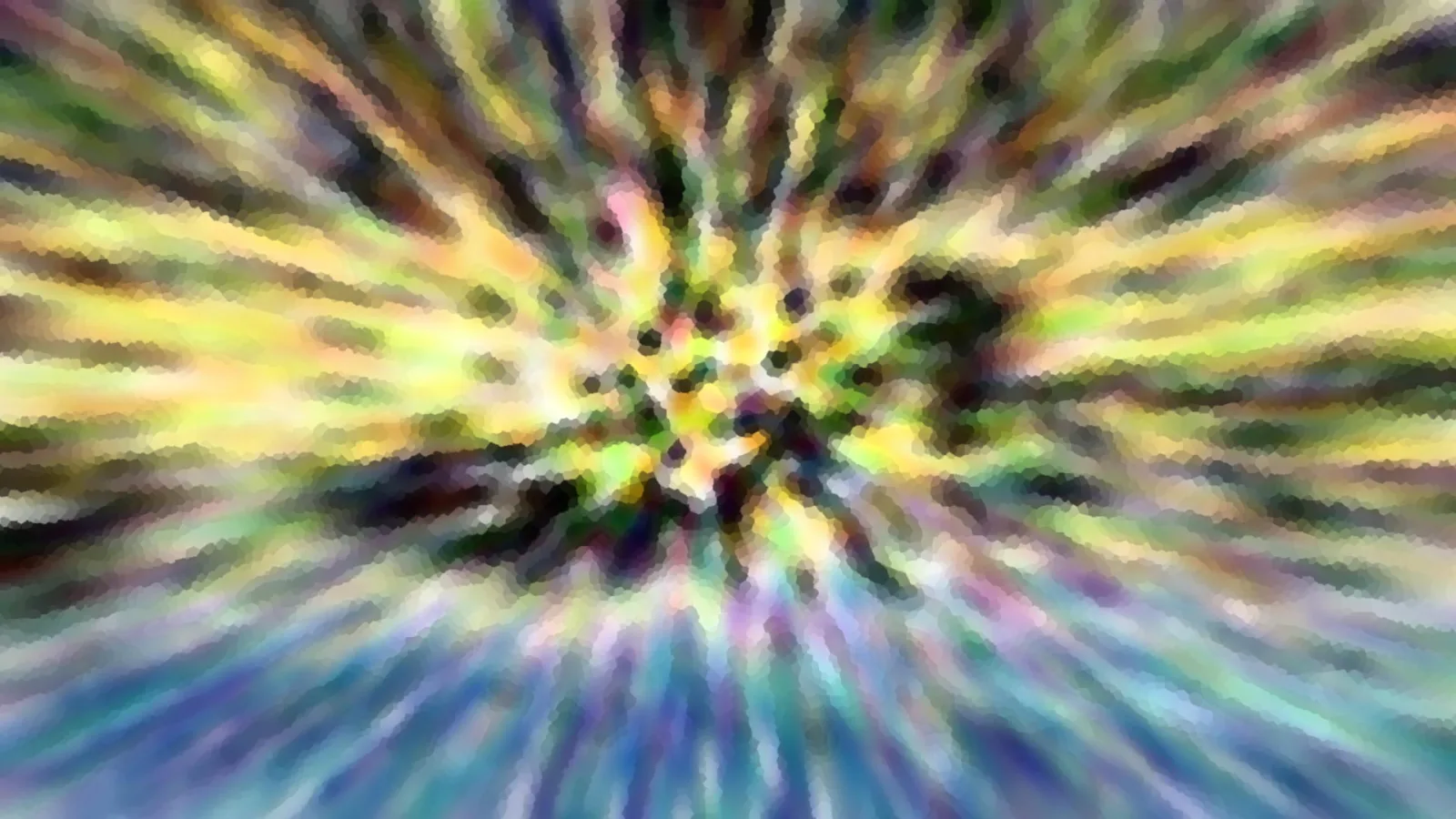 Abstrakte Komposition aus gelben, grünen und blauen Strahlen, die von einem hellen Zentrum nach außen laufen, mosaikartig verpixelt.