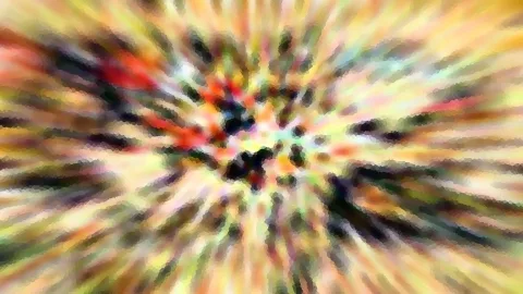 Abstrakte Komposition aus radial ausstrahlenden, verwischten Streifen in Rot, Gelb, Grün und Schwarz, die sich zu einem dunklen Zentrum hin verdichten.
