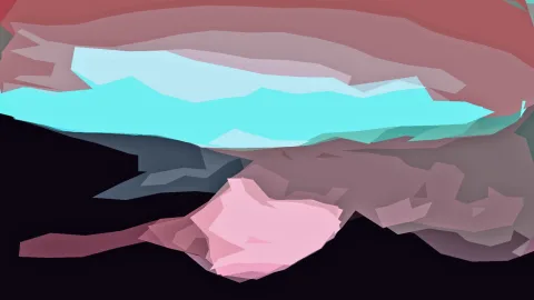 Abstrakte Komposition aus flächigen, kantigen Formen in Cyan, Rosa und Rottönen vor einem schwarzen Hintergrund.