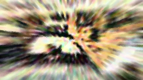 Abstrakte Komposition aus bunten, pastellfarbenen Streifen, die von einem hellen Zentrum radial nach außen laufen, durchsetzt mit dunklen Flecken und einer feinen Pixelstruktur.