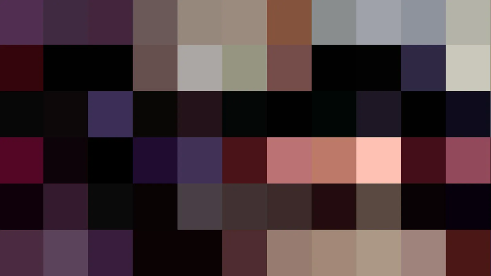 Abstraktes Mosaik aus unscharfen Farbquadraten in Violett, Schwarz, Braun, Grau und Rosa, angeordnet in sechs Reihen.