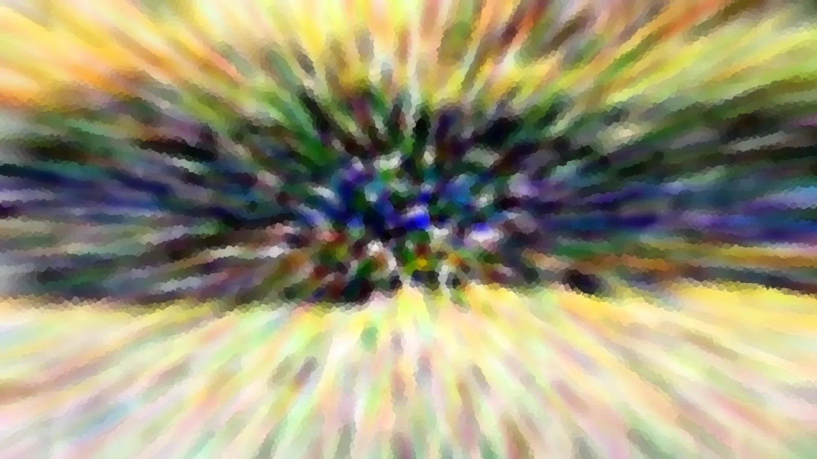 Abstrakte Komposition aus radial von der Mitte nach außen strahlenden Farbstreifen in Gelb, Grün, Blau und Violett, im Zentrum ein dunkler, bunter Knoten.