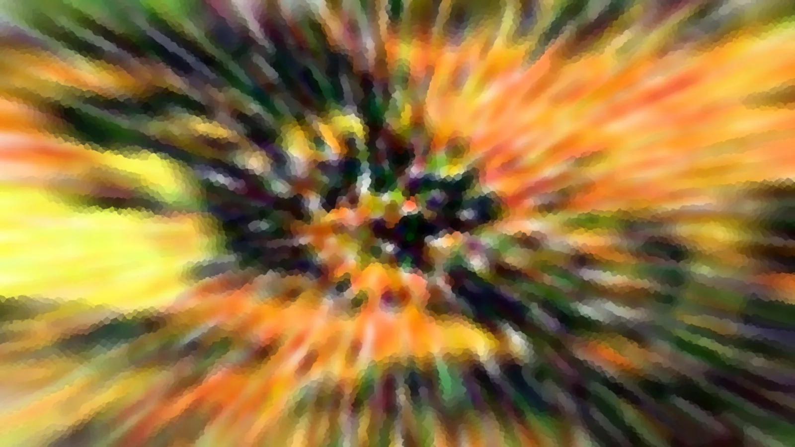 Abstraktes Bild mit radialer Unschärfe: Gelbe, orangefarbene und grüne Streifen strahlen von einem dunklen Zentrum in der Mitte nach außen.