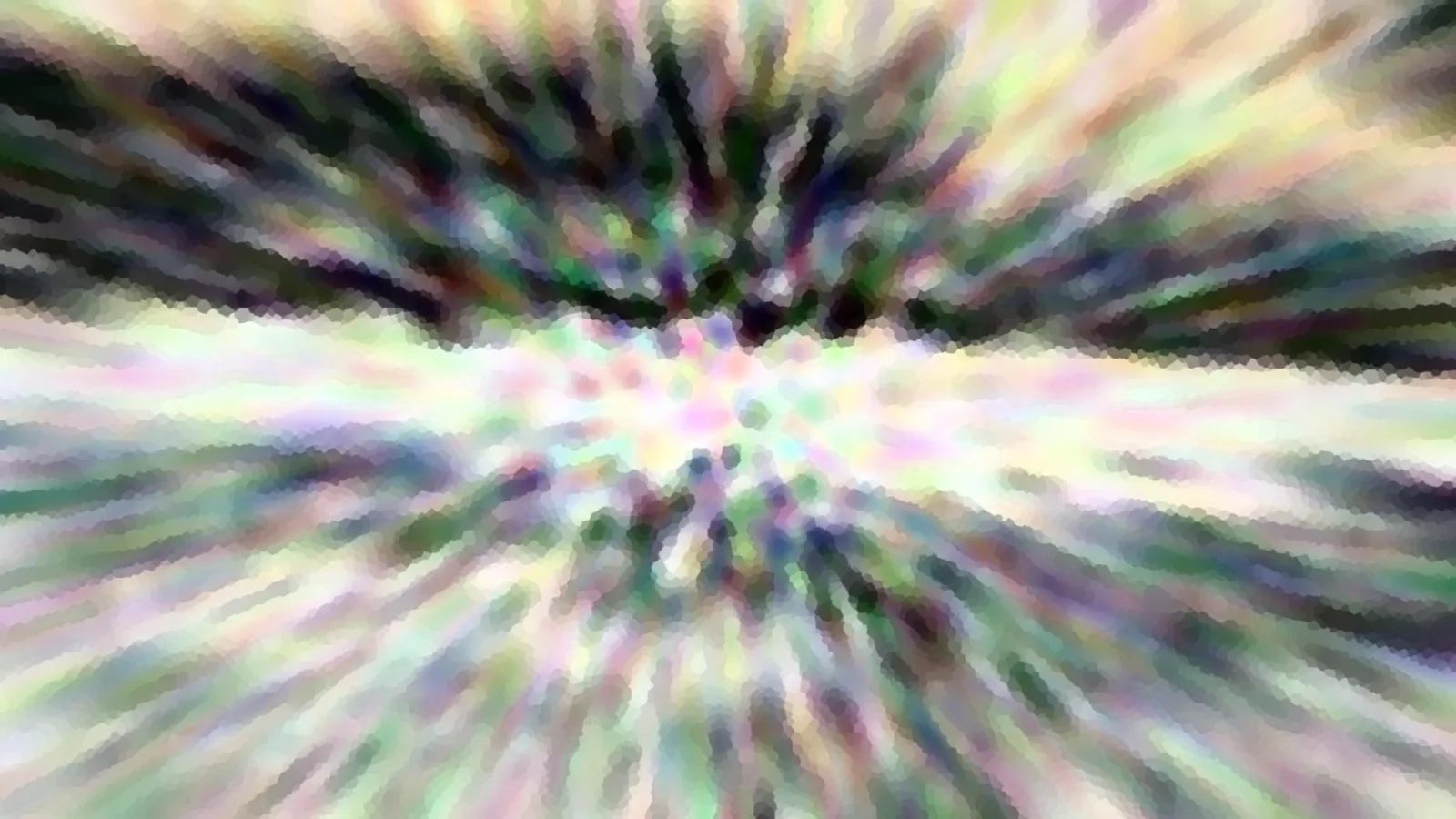 Abstrakte Komposition aus pastellfarbenen Streifen, die von einem hellen Zentrum radial nach außen laufen, mit dunklen grünen und violetten Akzenten am oberen Rand.