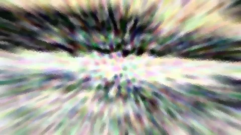 Abstrakte Komposition aus pastellfarbenen Streifen, die von einem hellen Zentrum radial nach außen laufen, mit dunklen grünen und violetten Akzenten am oberen Rand.