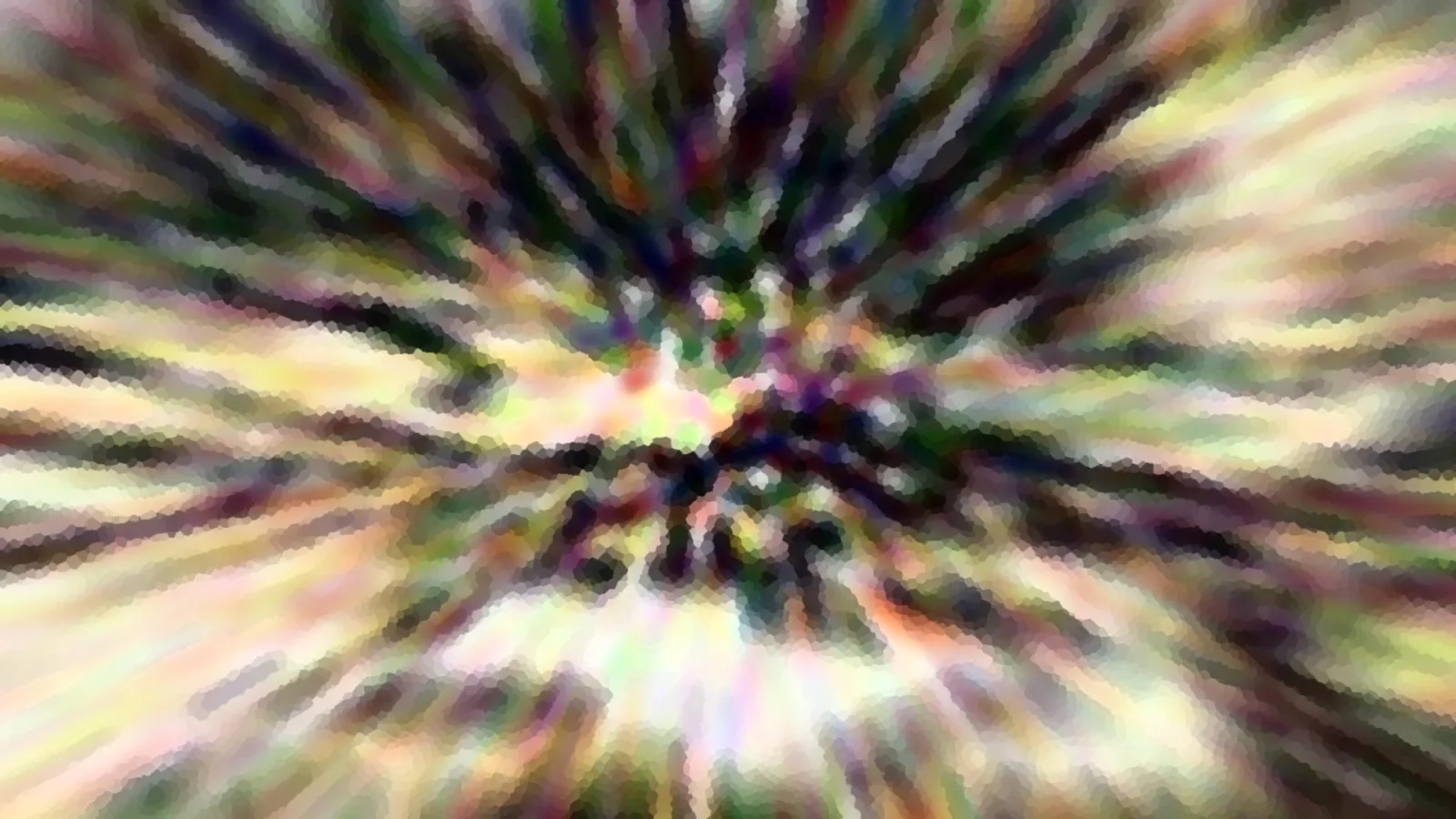 Abstrakte Komposition aus radial von einem dunklen Zentrum nach außen laufenden Farbschlieren in Grün, Gelb, Violett und Weiß, mit körniger, mosaikartiger Struktur.