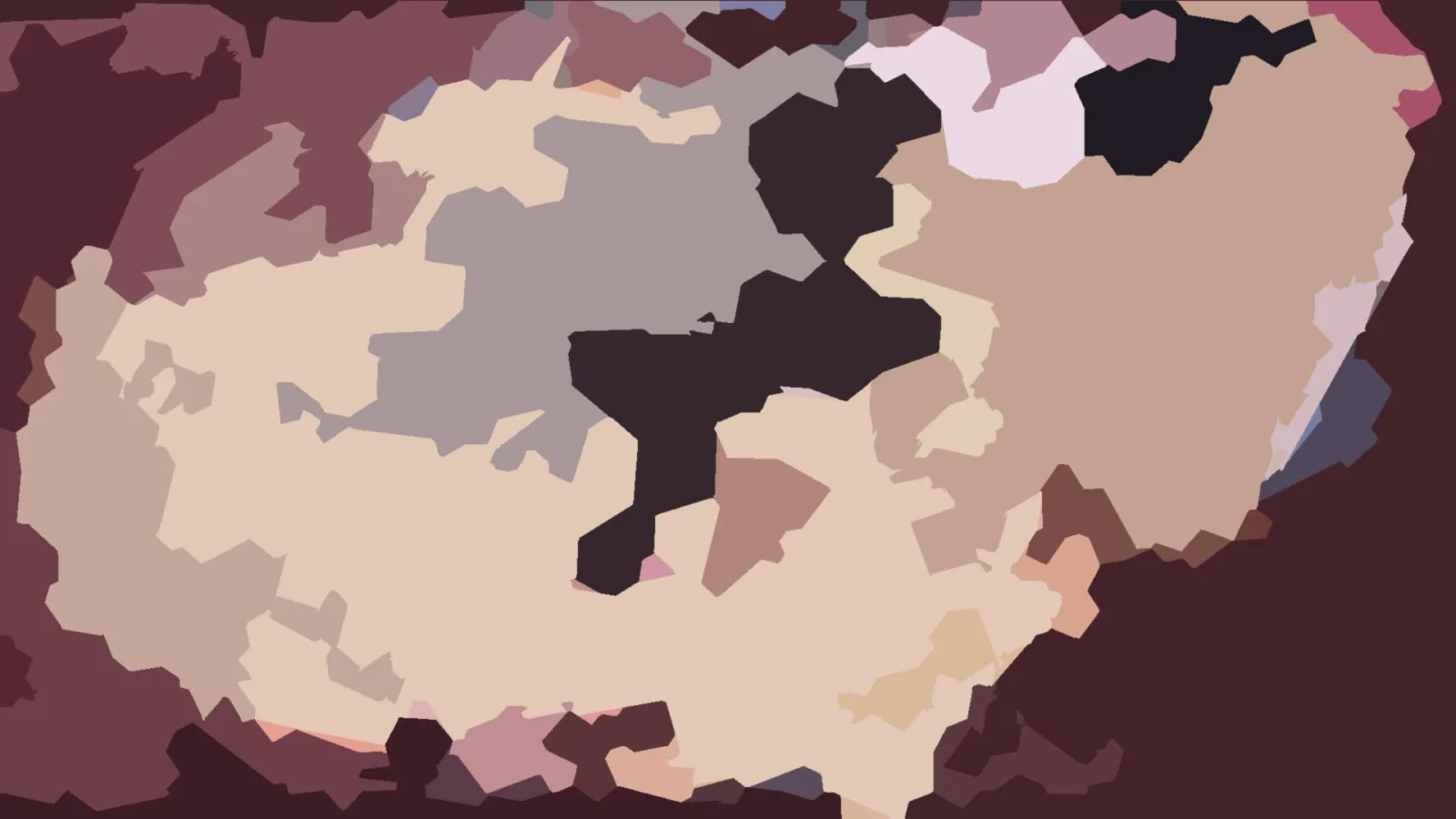 Abstrakte Komposition aus unregelmäßigen, flachen Farbflächen in Beige, Braun, Grau und Schwarz, mit einer dunklen Form in der Mitte.