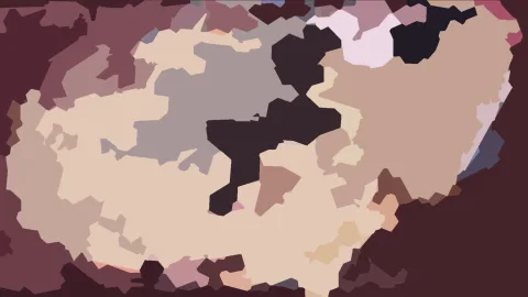 Abstrakte Komposition aus unregelmäßigen, flachen Farbflächen in Beige, Braun, Grau und Schwarz, mit einer dunklen Form in der Mitte.