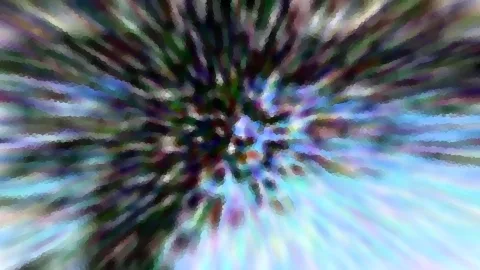Abstrakte Komposition aus radial verlaufenden, verwischten Streifen in Grün, Violett und Türkis, die von einem dunklen Zentrum nach außen strahlen.