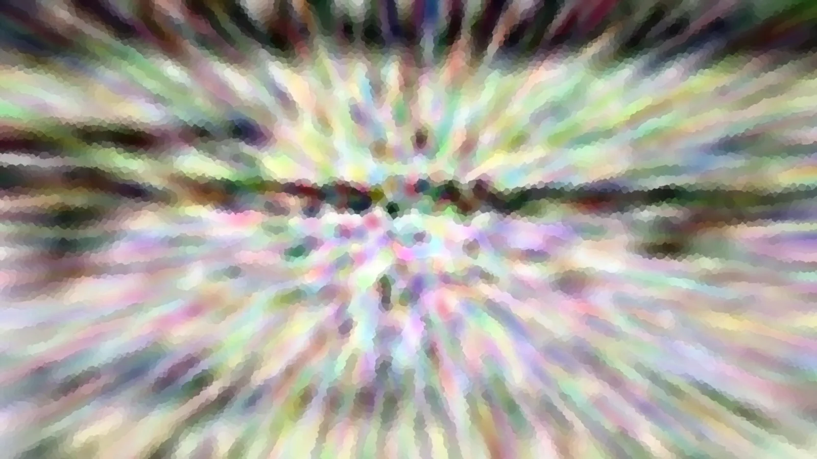 Abstraktes Bild mit radial von der Mitte nach außen laufenden, pastellfarbenen Streifen in Grün, Gelb, Rosa und Violett, dazwischen ein dunkler horizontaler Strich.