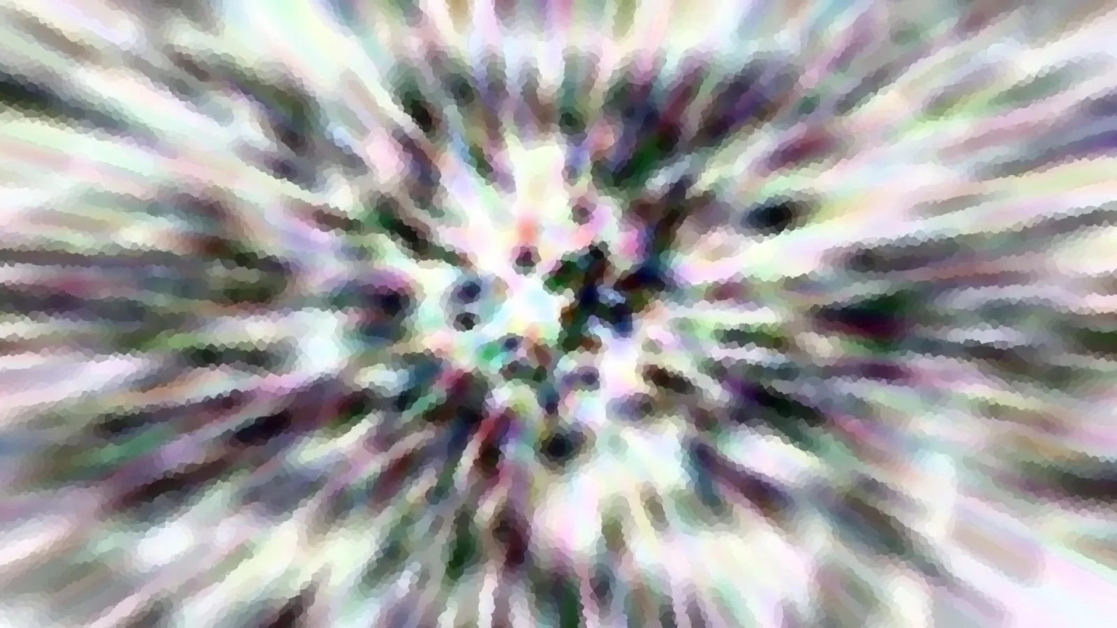 Abstrakte Komposition aus bunten, pastellfarbenen Streifen, die radial von einem hellen Zentrum nach außen laufen, mit mosaikartiger Pixelstruktur.