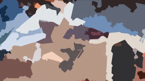 Abstrakte Komposition aus unregelmäßigen, flächigen Formen in Blau, Weiß, Beige, Braun und Anthrazit.