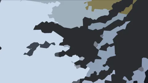 Abstrakte polygonale Formen in Anthrazit, Eisblau und Ocker, die von einer hellen Fläche links zu einer dichten dunklen Masse rechts übergehen.