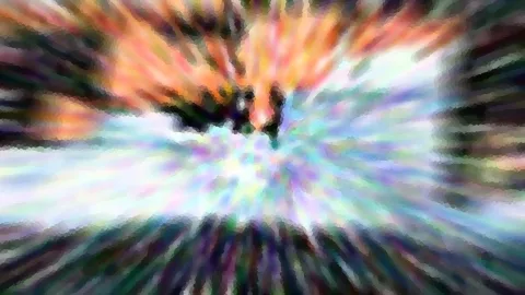 Abstrakte Komposition aus bunten, radial vom Zentrum ausstrahlenden Schlieren in Orange, Weiß, Blau und Dunkelgrün, mit einem dunklen Fleck in der Mitte.