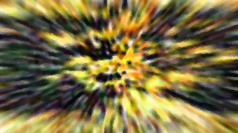 Abstraktes Bild mit radial von der Mitte nach außen verlaufenden Streifen in Gelb, Grün, Orange und Schwarz, pixelig verwischt.