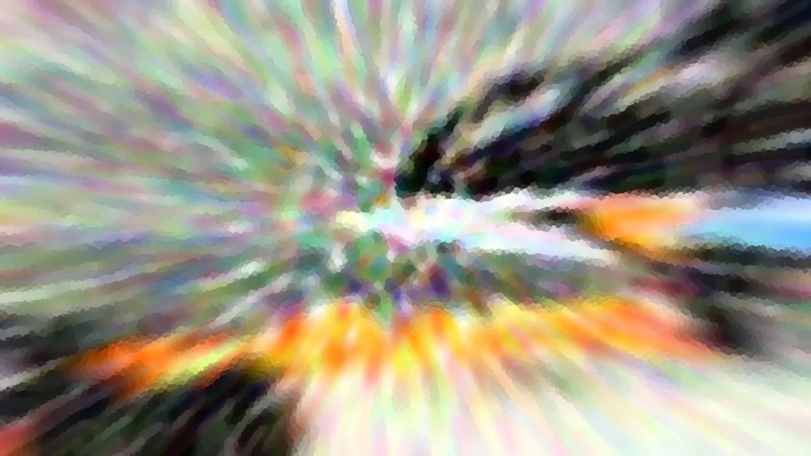 Abstraktes Bild mit bunten Farben, die von der Mitte nach außen wie Strahlen auseinanderlaufen, dunkle Flächen rechts oben und ein helles Blau rechts.