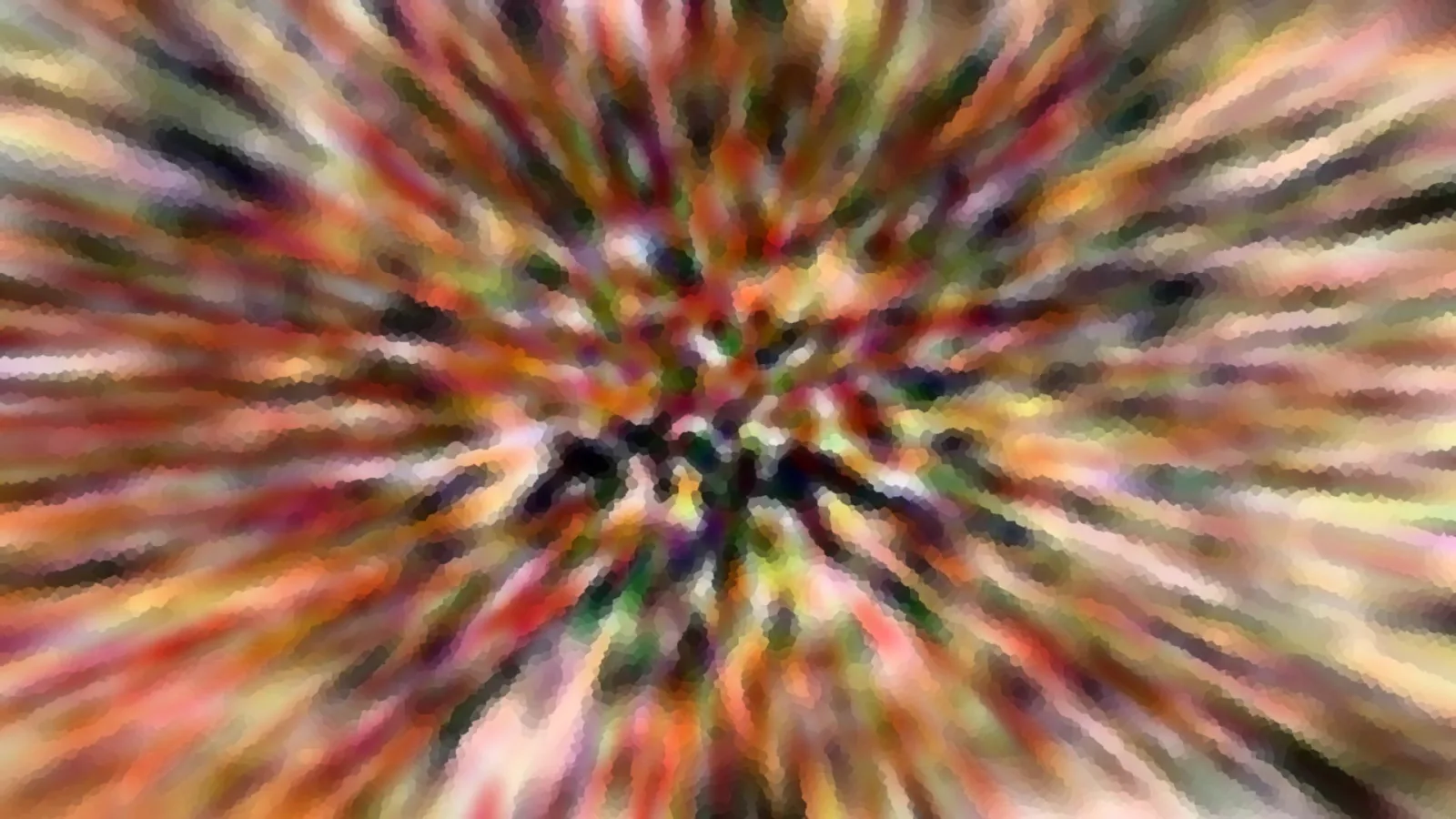 Abstrakte Komposition aus farbigen Streifen in Rot, Orange, Grün und Schwarz, die von einem dunklen Zentrum radial nach außen laufen und wie eine Zoom-Bewegung wirken.
