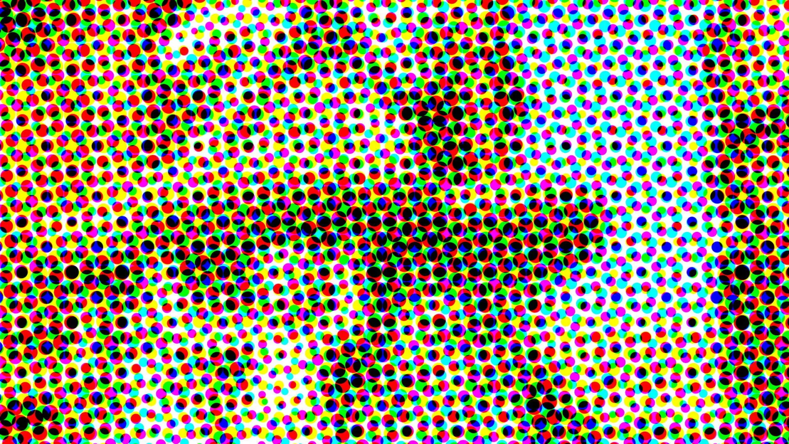 Dichtes Raster aus farbigen Punkten in Rot, Grün, Blau, Gelb, Cyan und Magenta auf weißem Grund, in der Mitte verdichtet sich das Muster zu einer dunklen, verschwommenen Form.
