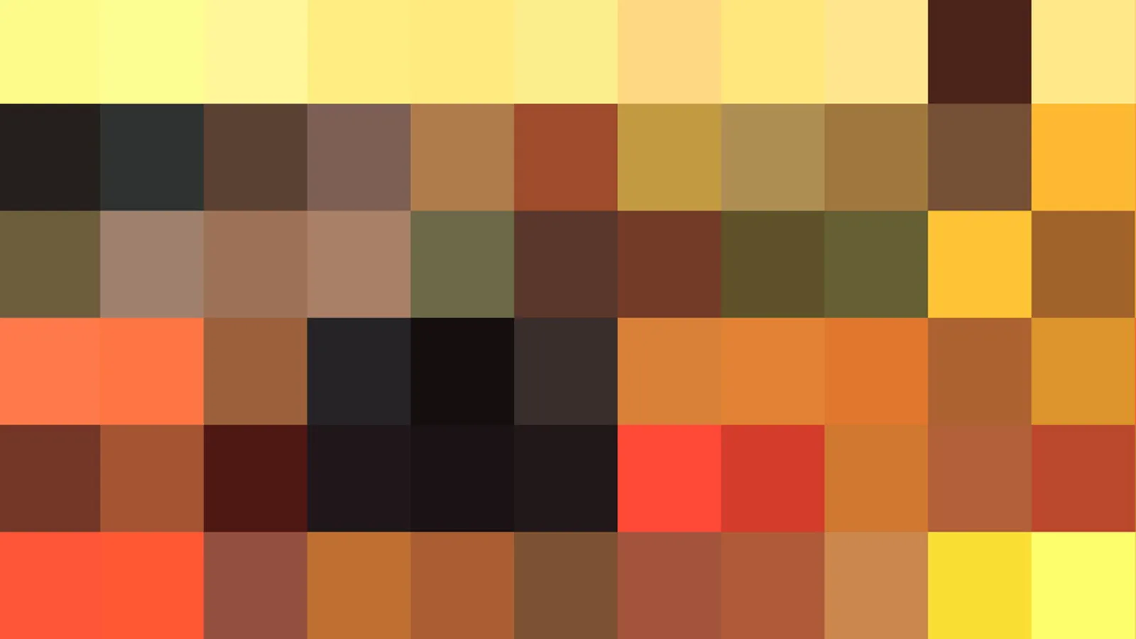Pixeliges Mosaik aus gelben, orangen, braunen und schwarzen Farbfeldern in einem Raster aus Zeilen und Spalten.